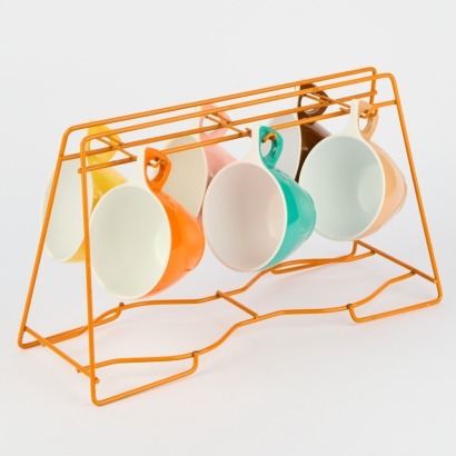A Retro Orange Cup & Saucer Display Rack with Six Duraware Cups