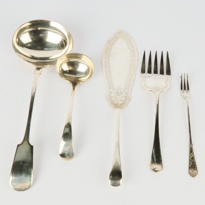 A Set of Five Antique Serving Items - Soup Ladle, Fish Servers, Pickle Fork & Sauce Ladle Sheffield Silver Plate