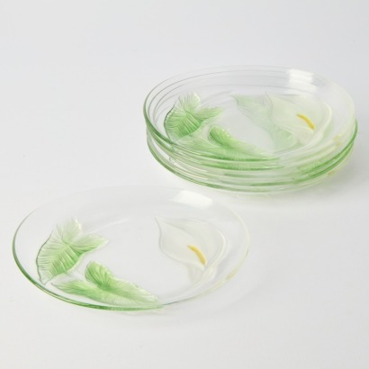 A Set of Six Vintage French Glass Embossed Lily Plates