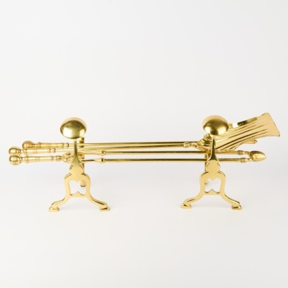 A Vintage Polished Brass Fireside Set &ndash; Tongs, Poker, Shovel & Fire Dogs