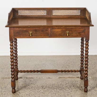A Charming Solid Oak Barley Twist Desk with Cane inset Up Stand