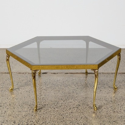 A Mid-Century Brass and Smoked Glass Coffee Table