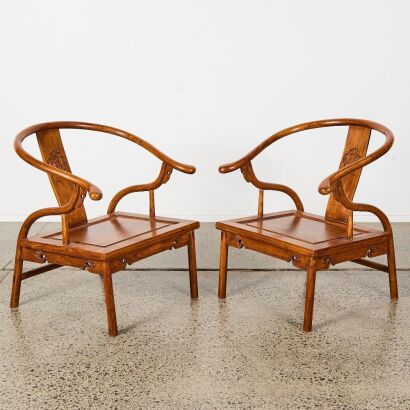 A Pair of 20th Century Chinese Aged Elmwood Armchars