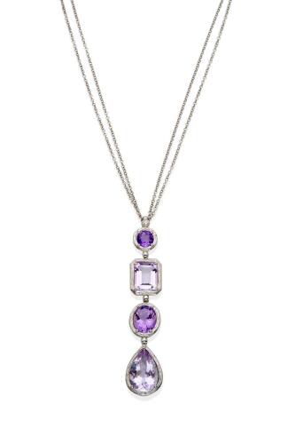 A four-stone amethyst and diamond pendant on chain, bezel set with a line of amethysts, one oval, one round, one emerald cut and a pear-shape, surmounted by a single brilliant cut diamond. 18ct white gold. Weight 10.74 grams. Length of pendant 6.5cm. Leng