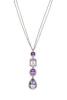 A four-stone amethyst and diamond pendant on chain, bezel set with a line of amethysts, one oval, one round, one emerald cut and a pear-shape, surmounted by a single brilliant cut diamond. 18ct white gold. Weight 10.74 grams. Length of pendant 6.5cm. Leng