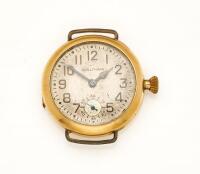 A Gentleman's gold plated wristwatch, Waltham, circa 1920's. Circular case, silvered dial with painted Arabic numerals and subsidiary seconds. Dial and movement signed. Illonois Watch Case, designed to wear 20 years.