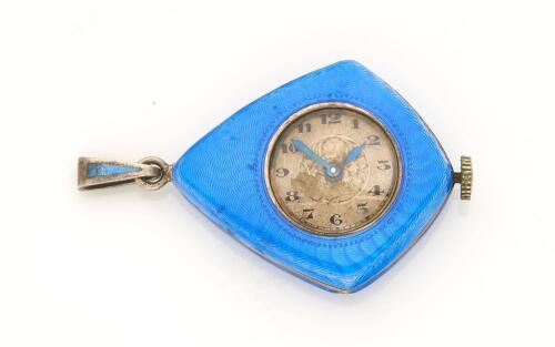 A Lady's Edwardian guilloche enamel pendant watch, of kite-shaped design, all over blue enamel decoration and an applied marcasite basket motif to rear. Silver. Length 35mm.