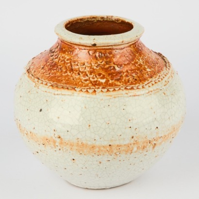 An Ovoid Warwick Lidgard Vase With Sculpted Neck And Two Tone Shino
