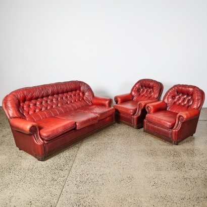 A Vintage Three Piece English Red Leather Suite