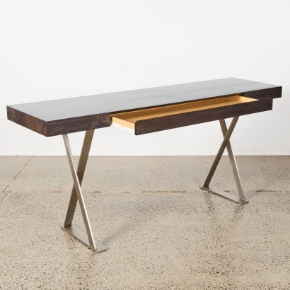 A Console Table/Desk with Dark Oak top & Stainless Base