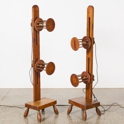 A Pair Of Floor Lamps Fashioned From Wool Winders