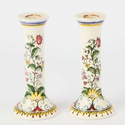 A Pair Of Hand Painted Ceramic Candle Holders Made In Portugal