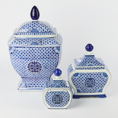A Group of Three Chinese Blue and White Square Jars (Various Sizes)