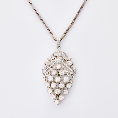 7ct White Gold, 2.33ct Diamond, Articulated Grape Pendant on Silver Chain