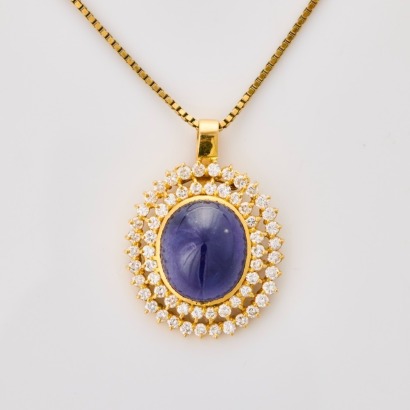 18ct Yellow Gold, 16.75ct Sapphire / 1.59ct Diamond Cluster Enhancer Pendant on 9ct Yellow Gold 40cm Chain