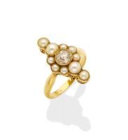 An antique style pearl and diamond ring, the bezel set old brilliant cut diamond surrounded by half pearls. 18ct yellow gold. Weight 3.55 grams. Size K.