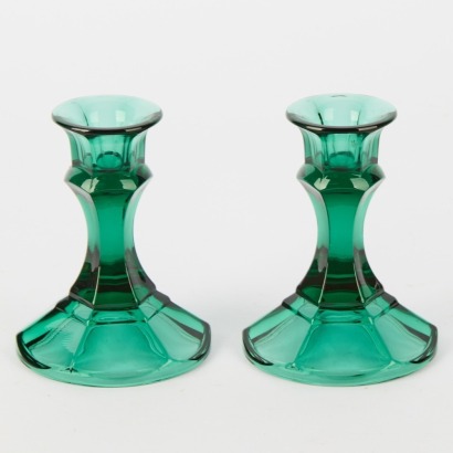 A Pair of Indiana Green Glass Candlesticks