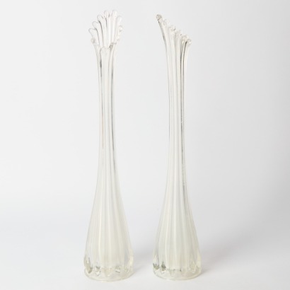 A Pair Of Swung Glass Fluted Ribbed Vases