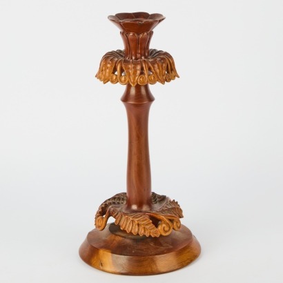 A Koru and Fern Motif Wooden Candlestick