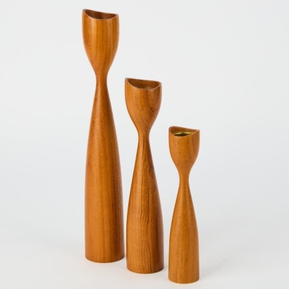 A Trio of Mid-Century Teak Candlesticks