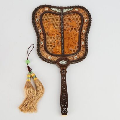A Chinese Sandalwood Carved Floral Tribute Fan (With Wooden Stand)