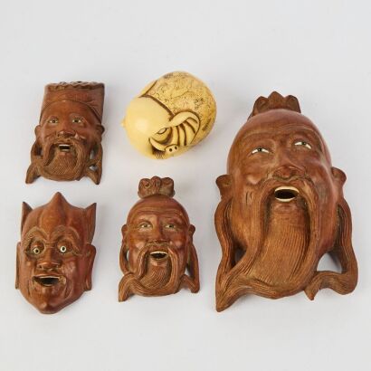 A Group of Four Chinese Carved Wooden &lsquo;Figural&rsquo; Masks