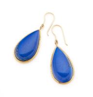 A pair of lapis lazuli pendant earrings. 9ct yellow gold. Weight 10.14 grams. Length of drop 3cm. Hook attachments.