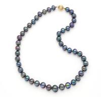 A freshwater pearl necklace, of graduated design, peacock colour, with a 9ct yellow gold ball clasp.  Length 45cm.