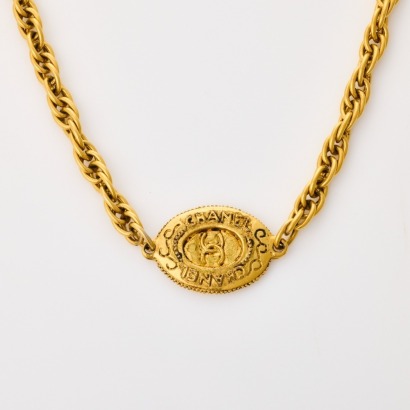 Chanel, Vintage, 97.5cm Gold-tone Metal Chain with Oval CC Medallion Necklace, circa 1980's with Box