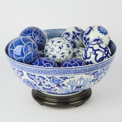 A Chinese Blue and White Large Bowl and Eleven Blue and White Porcelain Balls