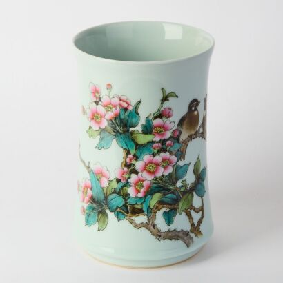 A 20th Century Chinese Famille-rose &lsquo;Figural, Bird and Flower&rsquo; Vase (Marked Shen De Tang Mark)