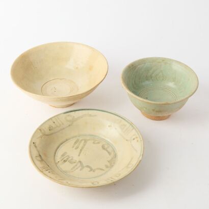 A Group of Three South Asian Celadon Bowls and Dishes
