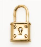 A gold and diamond padlock, the functional padlock with diamond set pushpiece. 9ct yellow gold. Weight 9.1 grams. Length 27mm. 