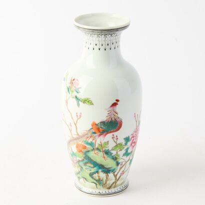 A Chinese Mid-20th Century Famillie-rose ' Birds and Flowers' Vase (Qianlong Year Mark)