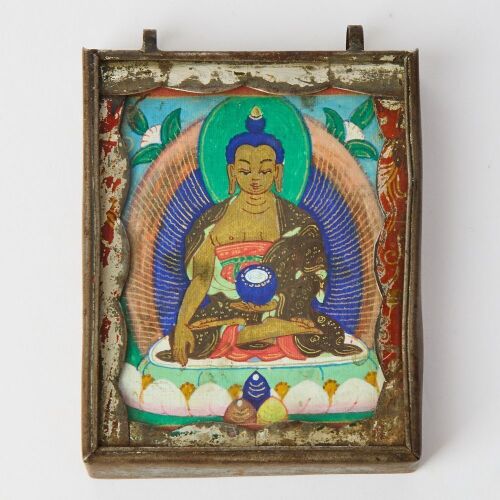 A Chinese Qing Dynasty Small Thangka of Buddha with Metal Frame