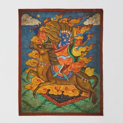 A Chinese Qing Dynasty Small Thangka of a Buddhist Guardian Deity