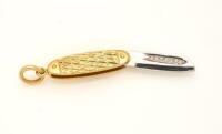 A gold and diamond penknife charm, the blade set with four small diamonds. 14ct yellow gold. Weight 3 grams. Length 20mm.