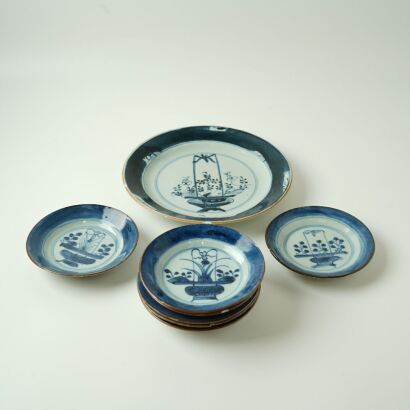 A Group of Seven Chinese 18th Century Early Kangxi Period Blue and White Small Dishes and A Large Dish