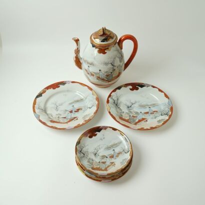 A Japanese Late Meiji Period Kyushu Ware Figural Teapot AND Three Dishes