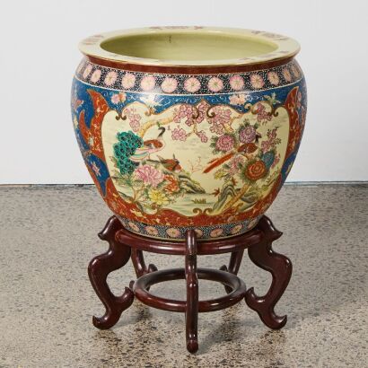 A Large Chinese Hand-painted Gilded &lsquo;Bird and Flower&rsquo; Jar (Original Wooden Stand)