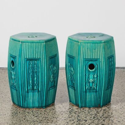 A Pair of Chinese Early 20th Century Celadon-glazed Hexagonal Garden Stools