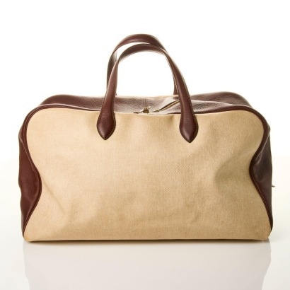Herm&egrave;s, Natural Toile H & Marron Taurillon Clemence Victoria 50