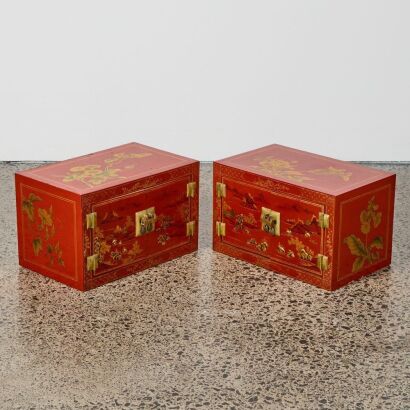 A Pair of Chinese Red-lacquer and Gilt Double-door 'Flowers' Cabinets
