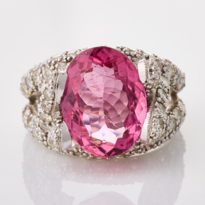 18ct White Gold, 13.5mm Oval Light Red / Pink Tourmaline / 1.60ct Diamond Cocktail Ring