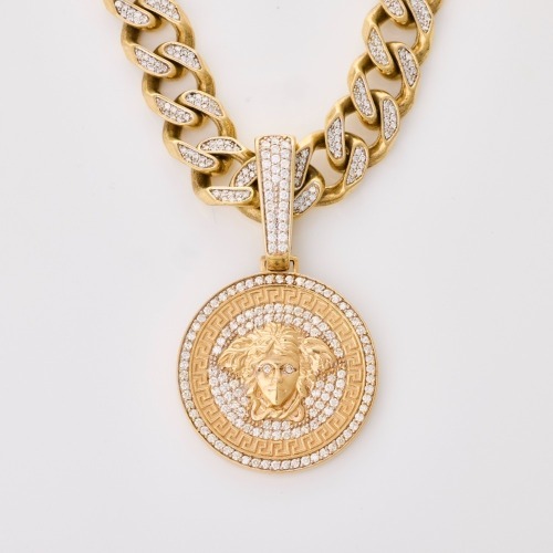 9ct Yellow Gold, 1.65ct Diamond Medusa Pendant on 66cm Heavy Curb Link Chain