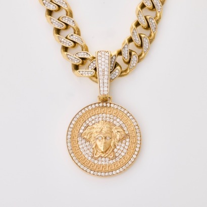 9ct Yellow Gold, 1.65ct Diamond Medusa Pendant on 66cm Heavy Curb Link Chain