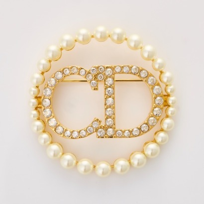 Christian Dior, Faux Pearls & Crystal Pin Brooch with Box