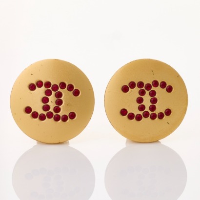 Chanel, Red Crystal Embellished Round Clip-on Earrings with Box
