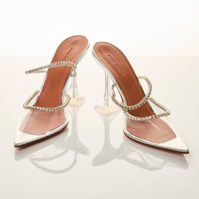 Amina Muaddi, Gilda Crystal Embellished Metallic Leather Heels with Box, Size 40.5