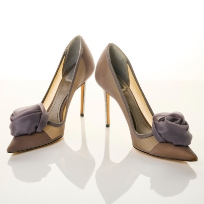 Christian Dior, Grey Mesh Embellished Rose Applique Heels, Size 39